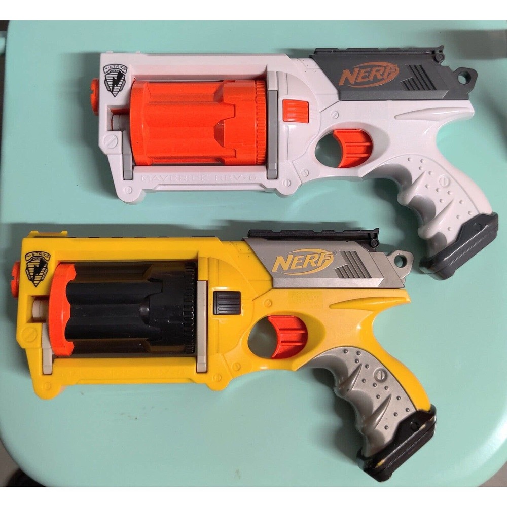 NERF N-Strike Maverick Rev-6 Blaster Rotating Barrel Gun Yellow white 2 guns lot